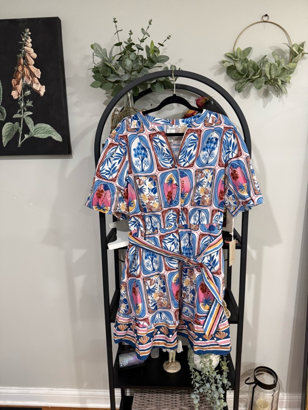 Joie Printed Belted Mini Dress | Size 16 | Boho Floral Tile Print | NWT